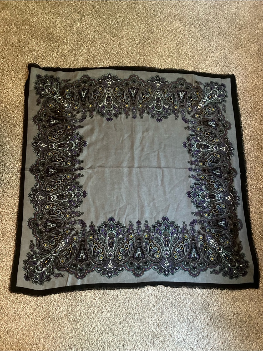 Gray and black paisley scarf with gold accents, acrylic, vintage 90s #paisley